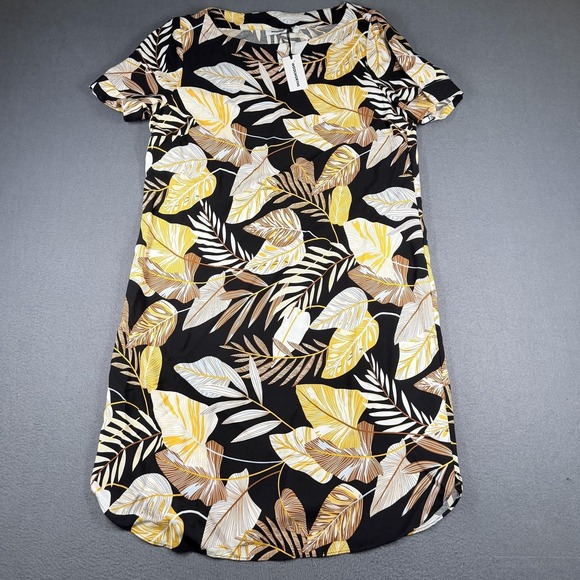Woolworths Dresses & Skirts - Woolworths T-Shirt Dress Womens Small Black Tropical Leaf Print Knee Length